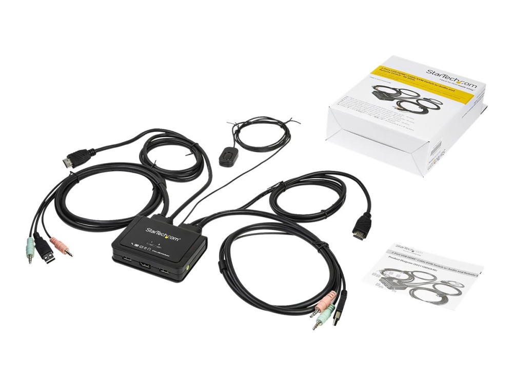 StarTech.com HDMI KVM-switch med 2 portar - 4K 60 Hz - Kompakt UHD/ultra HD USB KVM-switch för stationära datorer med dubbelport och inbyggda 1,2 m kablar samt audio - Bussdriven och fjärrswitchad - MacBook ThinkPad - Omkopplare för tangentbord/video/mus/ljud - 2 x KVM/ljud - 1 lokal användare - skrivbordsmodell