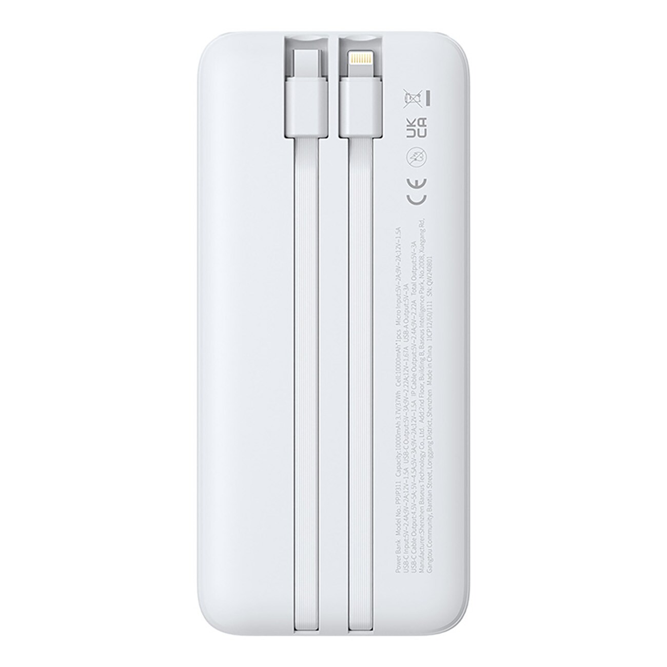 Baseus Lipow 10 000 mAh 22,5 W powerbank med två inbyggda kablar (USB-A–USB-C 3 A 20 cm) – vit, bild 3