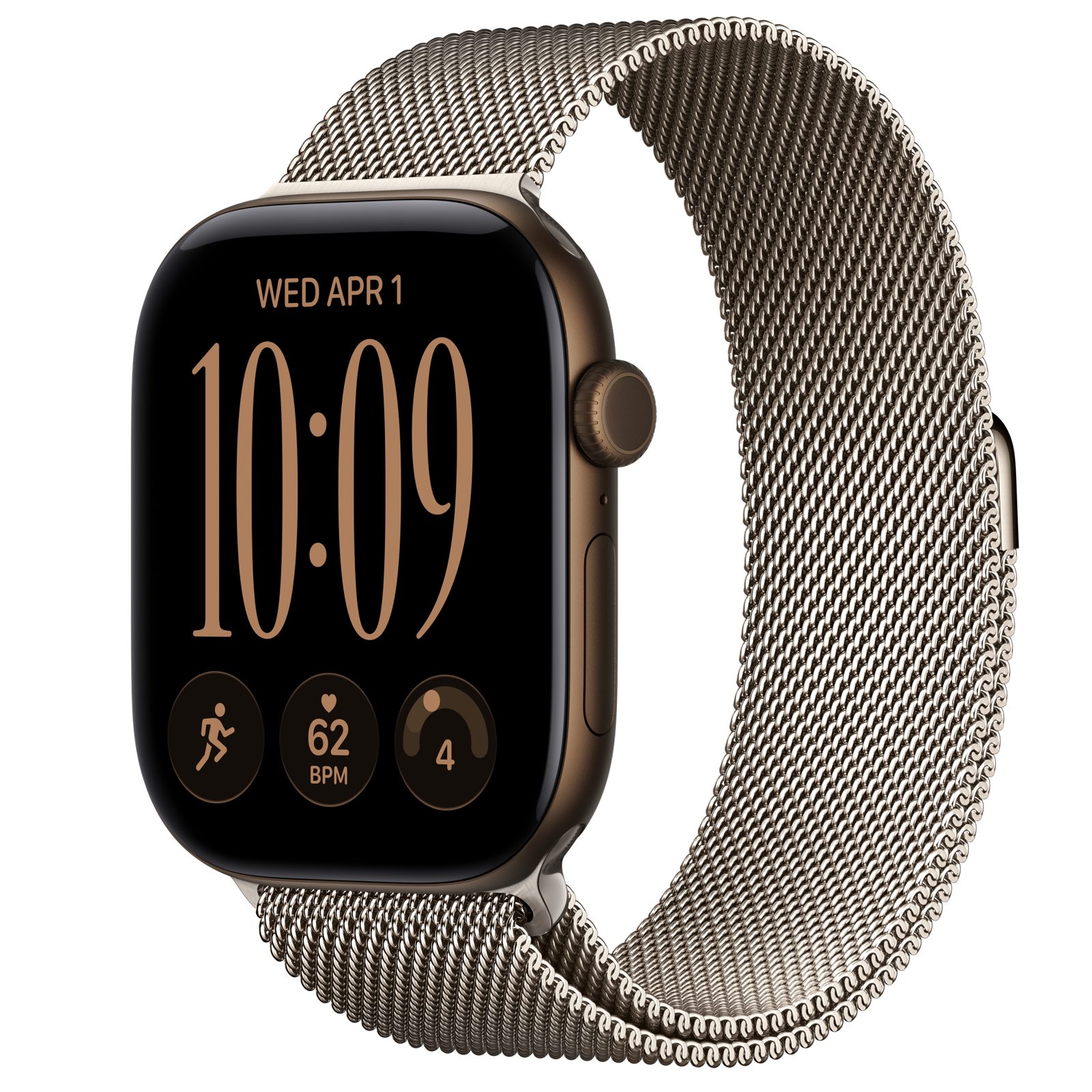 Apple Watch Series 12 (GPS + Cellular) • Aluminiumboett mörk brons, 46 mm • Milanesisk loop naturlig finish