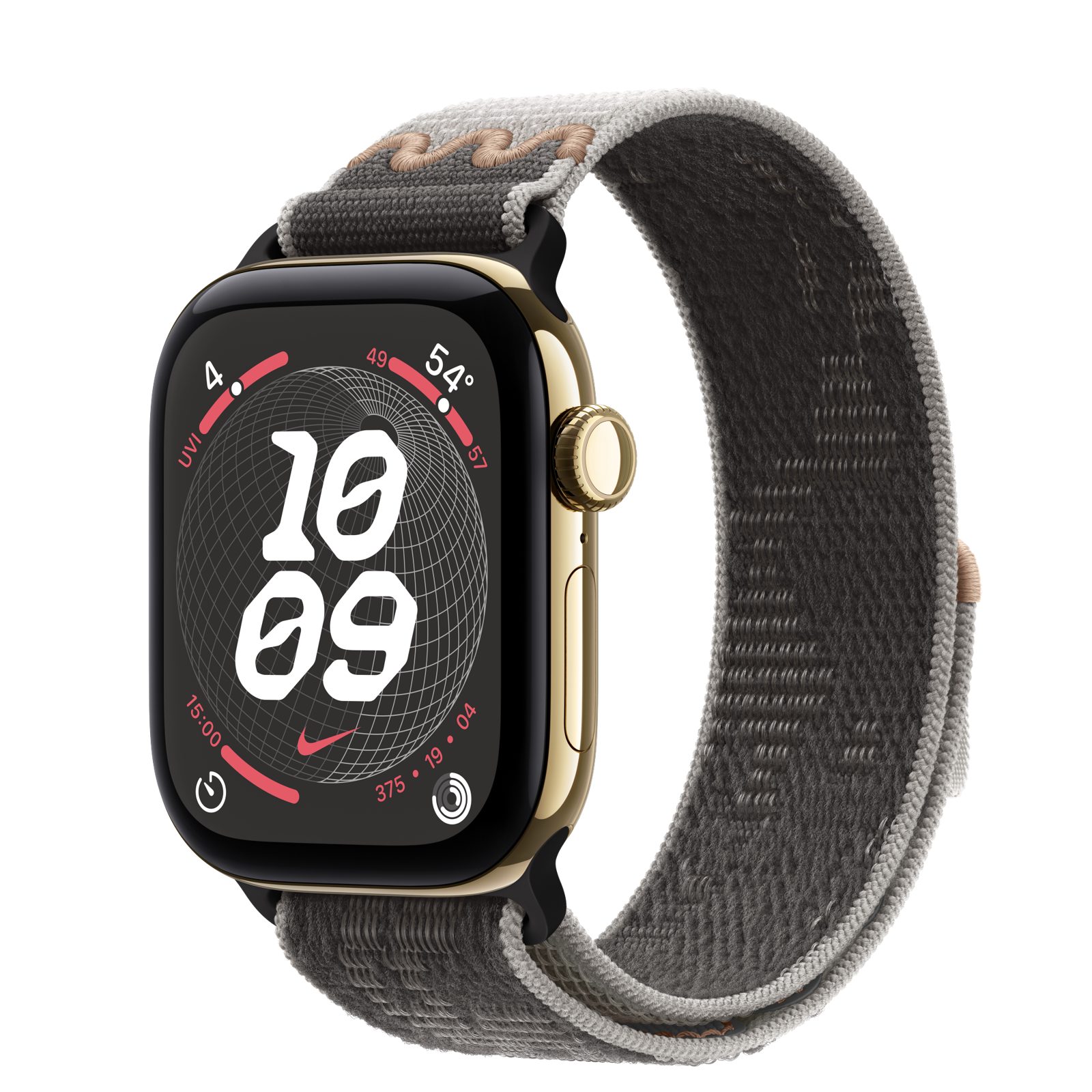 Apple Watch Series 12 (GPS + Cellular) • Titanboett skinande guld, 42 mm • Nike-sportloop i Pavement Grey
