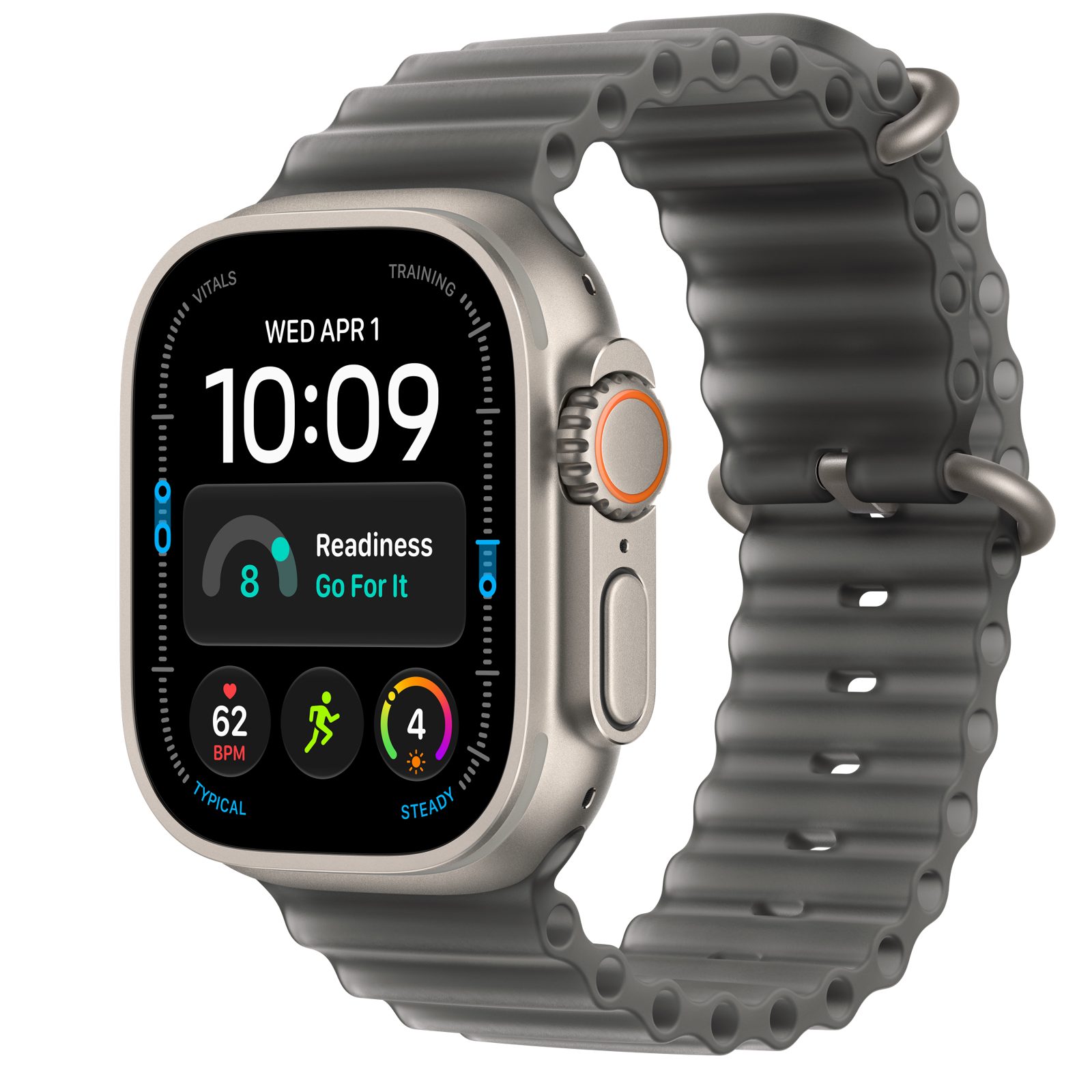 Apple Watch Ultra 4 (GPS + Cellular) • Titanboett naturlig, 49 mm • Havsband genomlyst svart