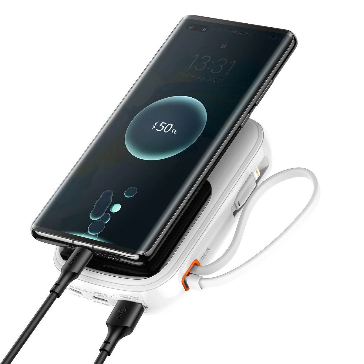 Baseus Qpow 10000mAh Powerbank med snabbladdning 22,5W QC/PD/SCP/FCP och inbyggd USB-C-kabel vit, bild 2