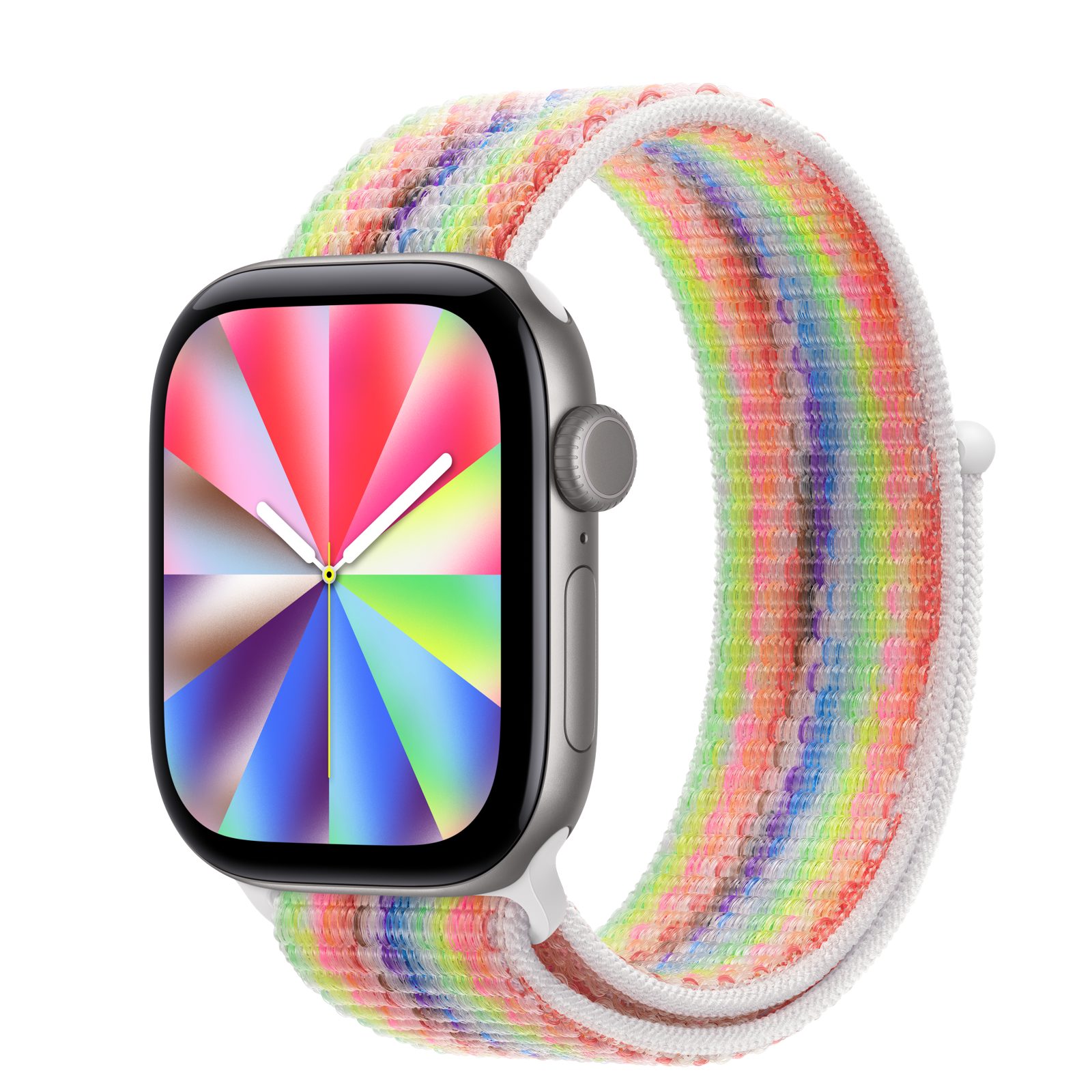 Apple Watch Series 12 (GPS) • Aluminiumboett rymdgrå, 42 mm • Sportloop Pride Edition