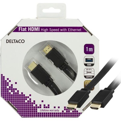 HDMI-kabel, 4K/3D, flat, 1 meter - Svart, bild 2