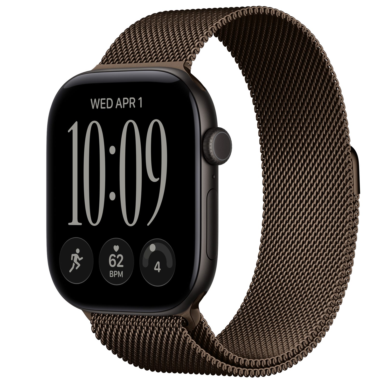 Apple Watch Series 12 (GPS) • Aluminiumboett svart, 46 mm • Milanesisk loop mörk brons