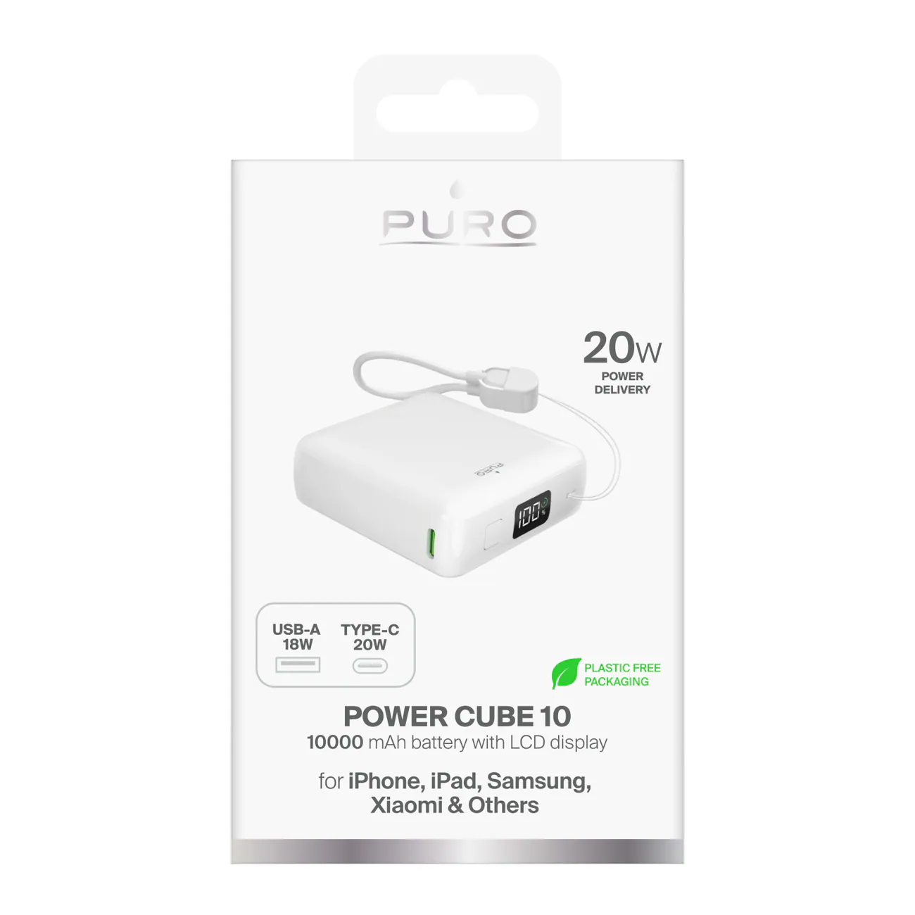 Puro 10000mAh 20W USB-C USB-A Power Bank med display och inbyggd USB-C-kabel - Vit, bild 2