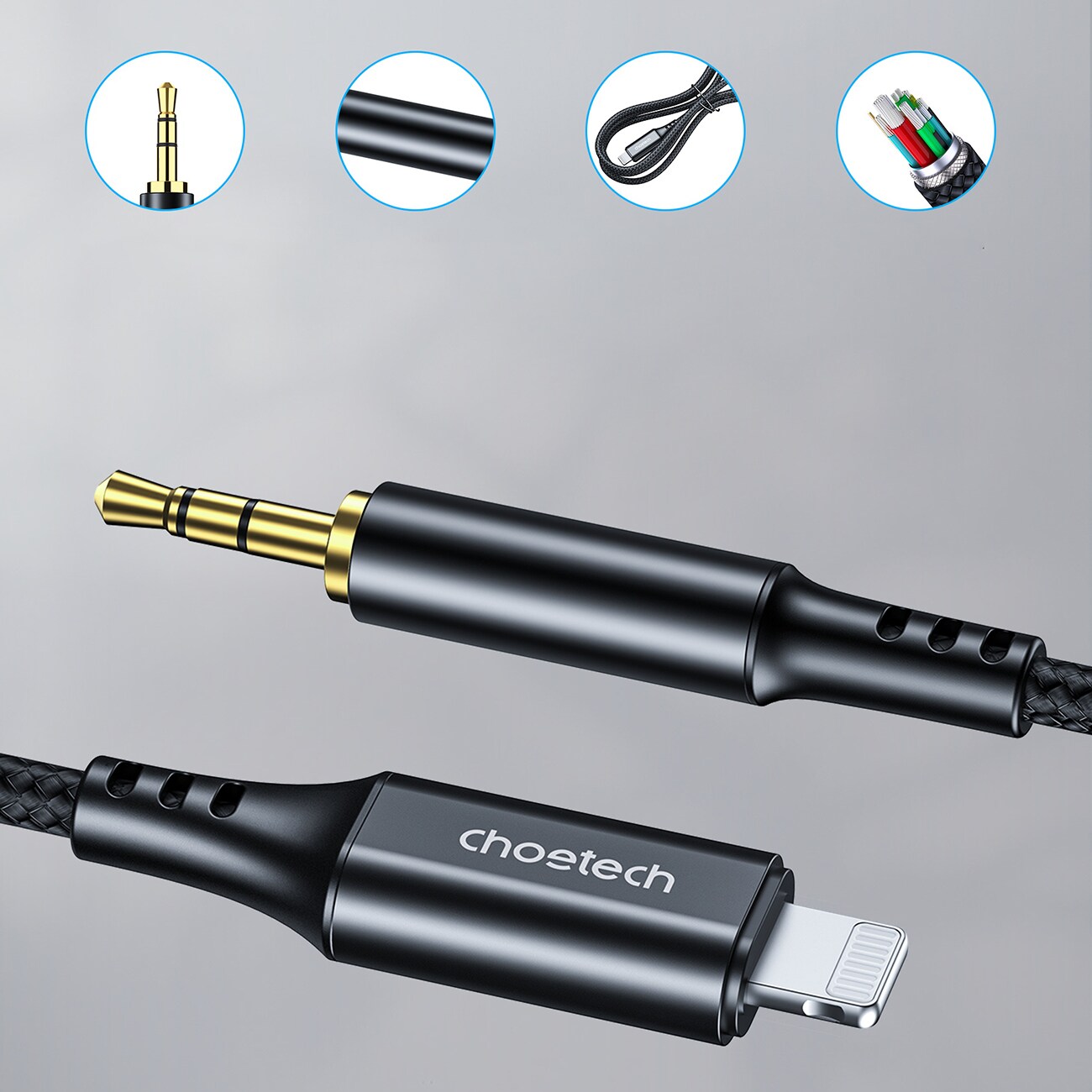 Choetech AUX009 Belysning / minijack 3,5 mm kabel 2 m - svart, bild 3