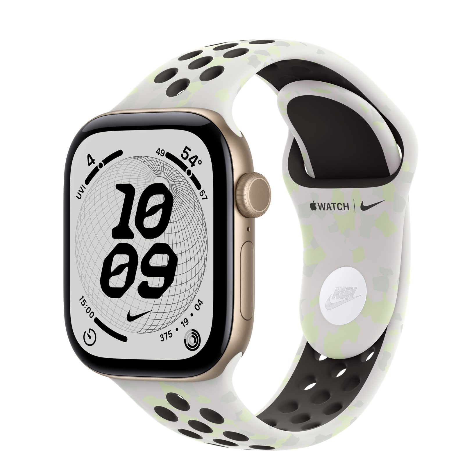 Apple Watch Series 12 (GPS + Cellular) • Aluminiumboett ljust guld, 42 mm • Nike-sportband i Essential White