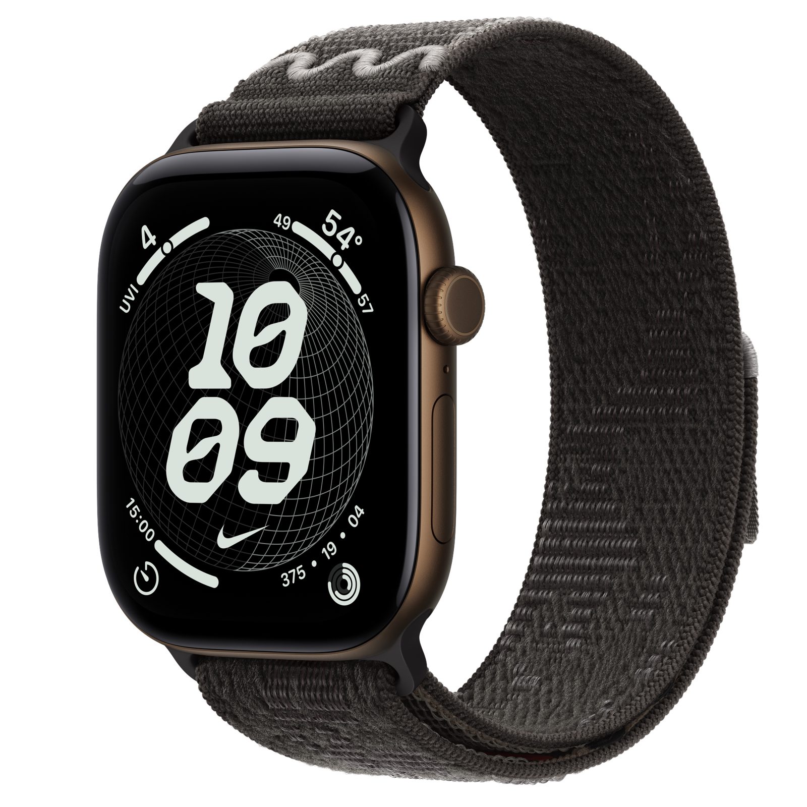 Apple Watch Series 12 (GPS + Cellular) • Aluminiumboett mörk brons, 46 mm • Nike-sportloop i After Dark Black