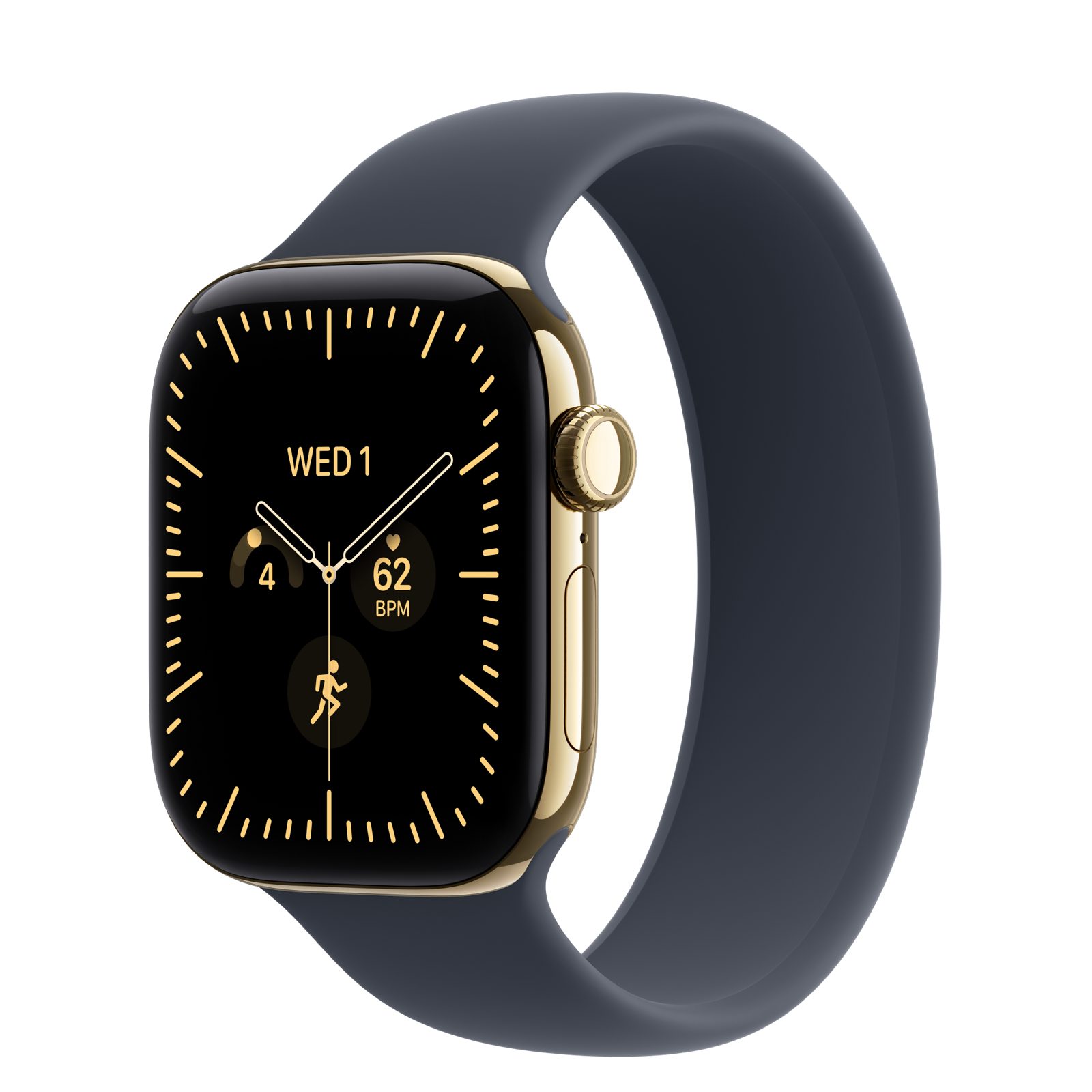 Apple Watch Series 12 (GPS + Cellular) • Titanboett skinande guld, 42 mm • Sololoop marinblå