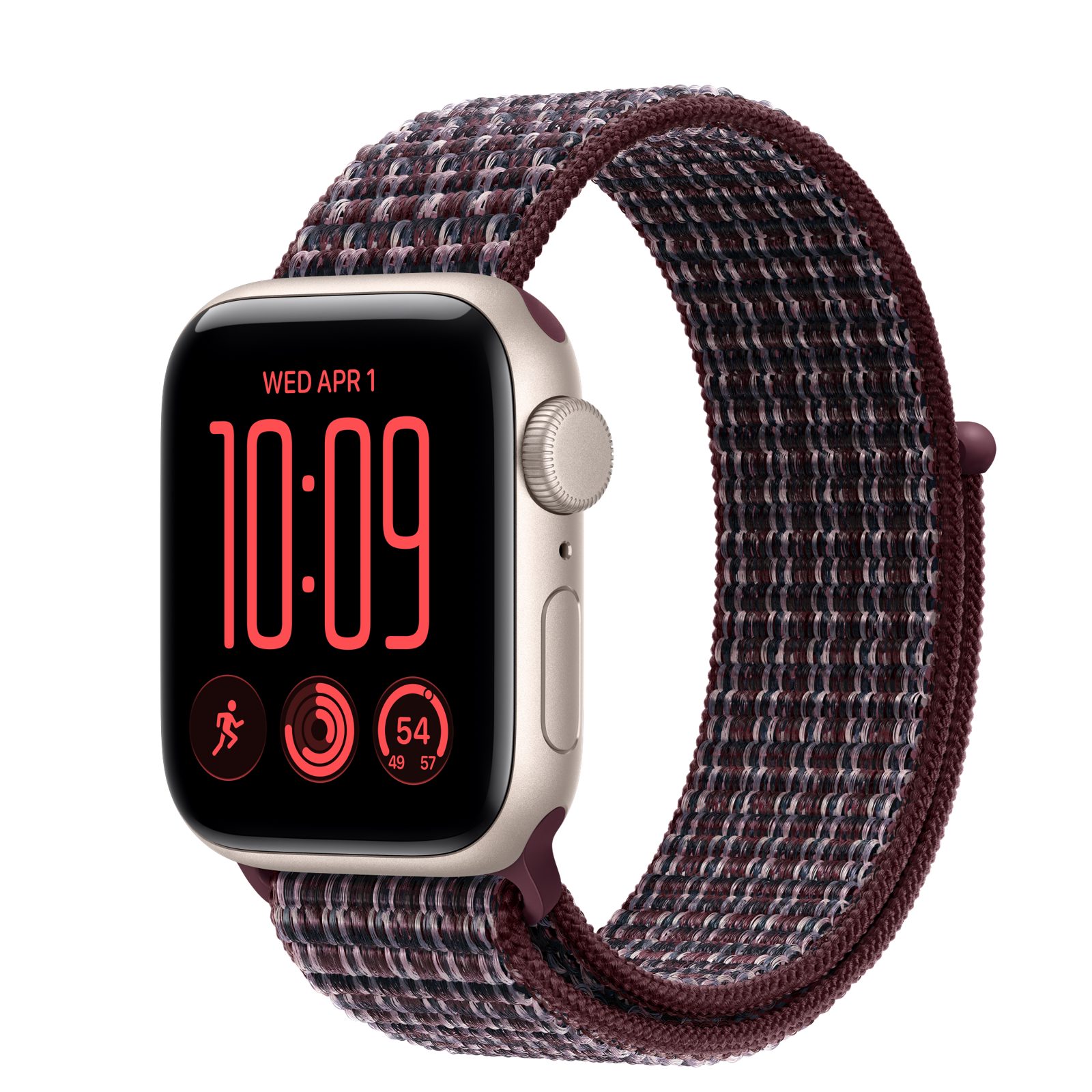 Apple Watch SE 3 (GPS) • Aluminiumboett stjärnglans, 40 mm • Sportloop skotskrutig bourgogne