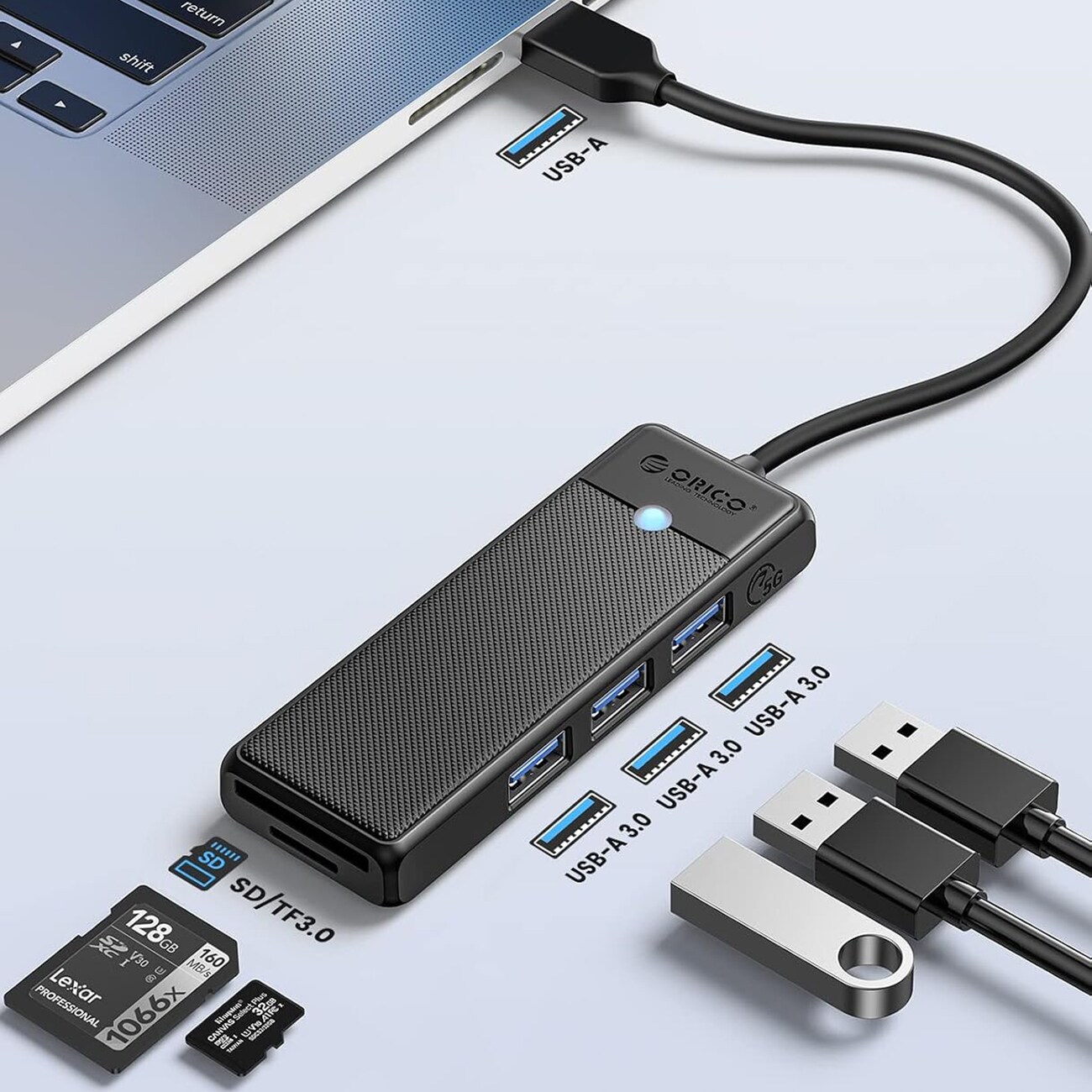 Orico PAPW3AT-U3 USB-hubb med 4 portar (3x USB-A 3.0) och microSD-/SD-kortläsare, 1 m – svart, bild 2