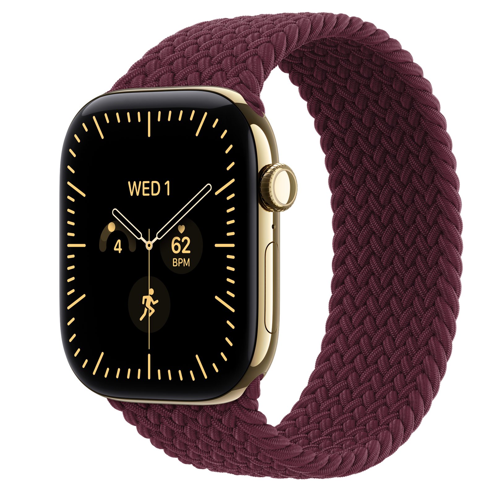 Apple Watch Series 12 (GPS + Cellular) • Titanboett skinande guld, 46 mm • Flätad sololoop bourgogne