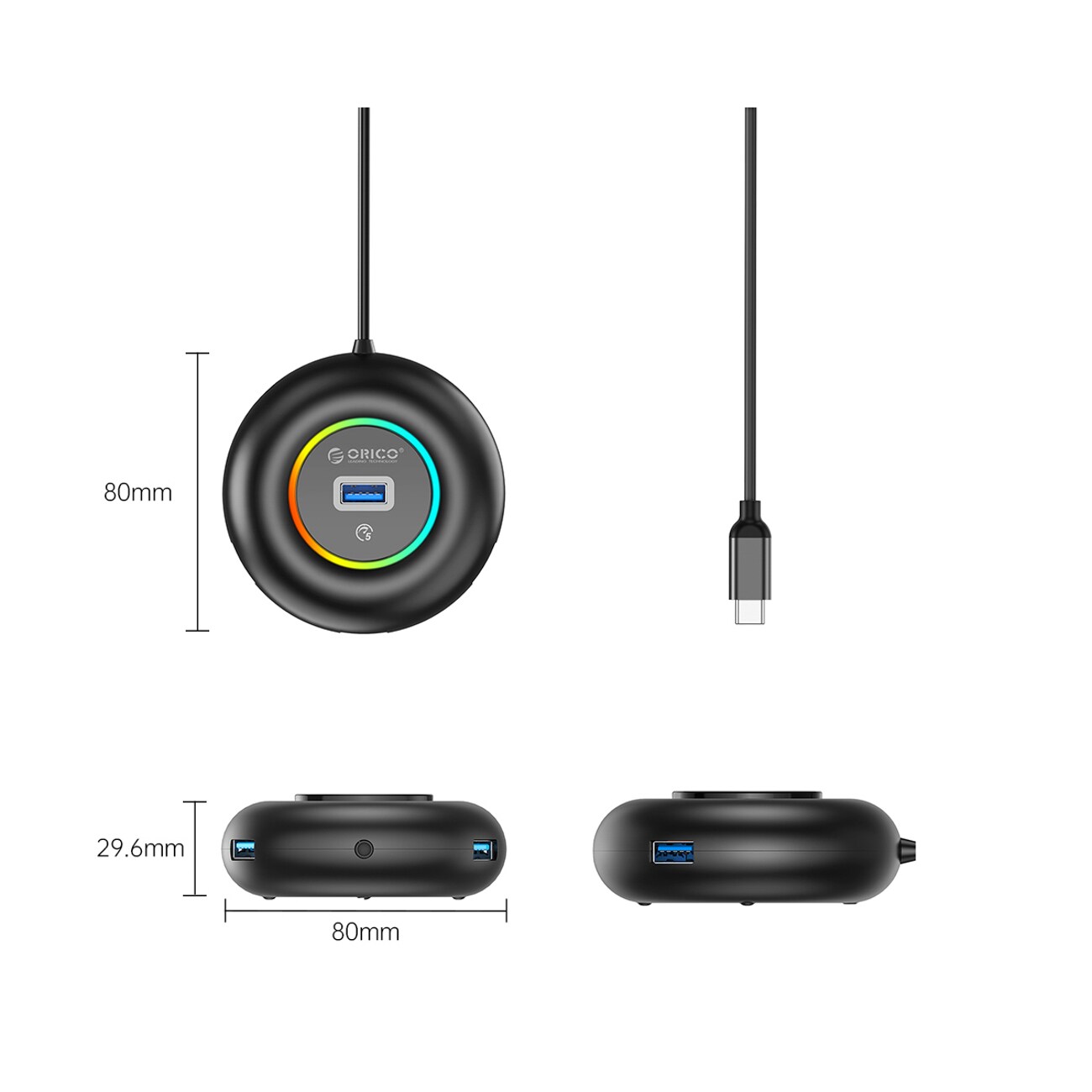 Orico YXR4-C3 RGB USB-hubb med 4 USB-A 3.0-portar och ljud-/mikrofonport, 0,3 m – svart, bild 2