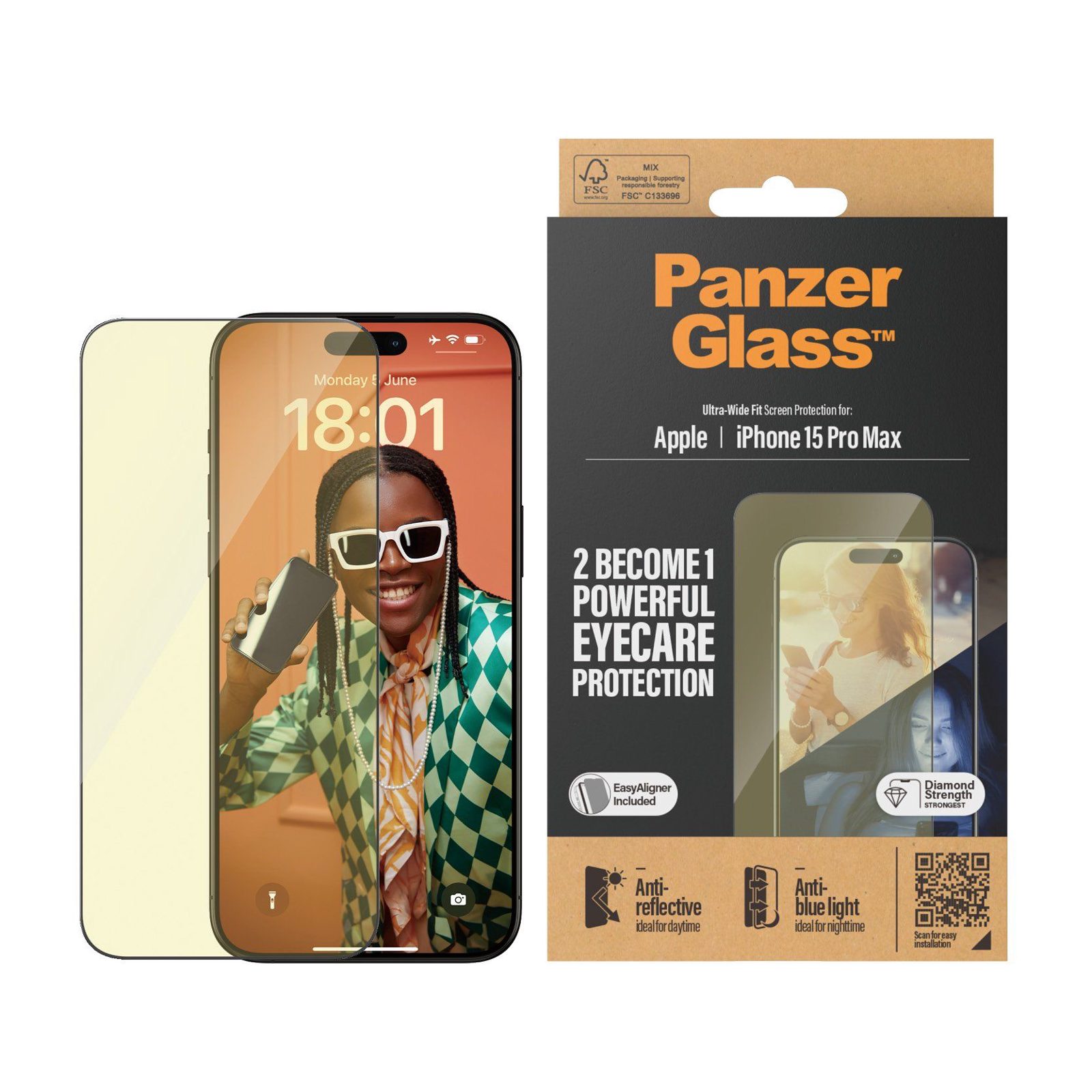 PanzerGlass™ | Ultra-Wide Fit - Skärmskydd för mobiltelefon - EyeCare Protection | Apple iPhone 15 Pro Max