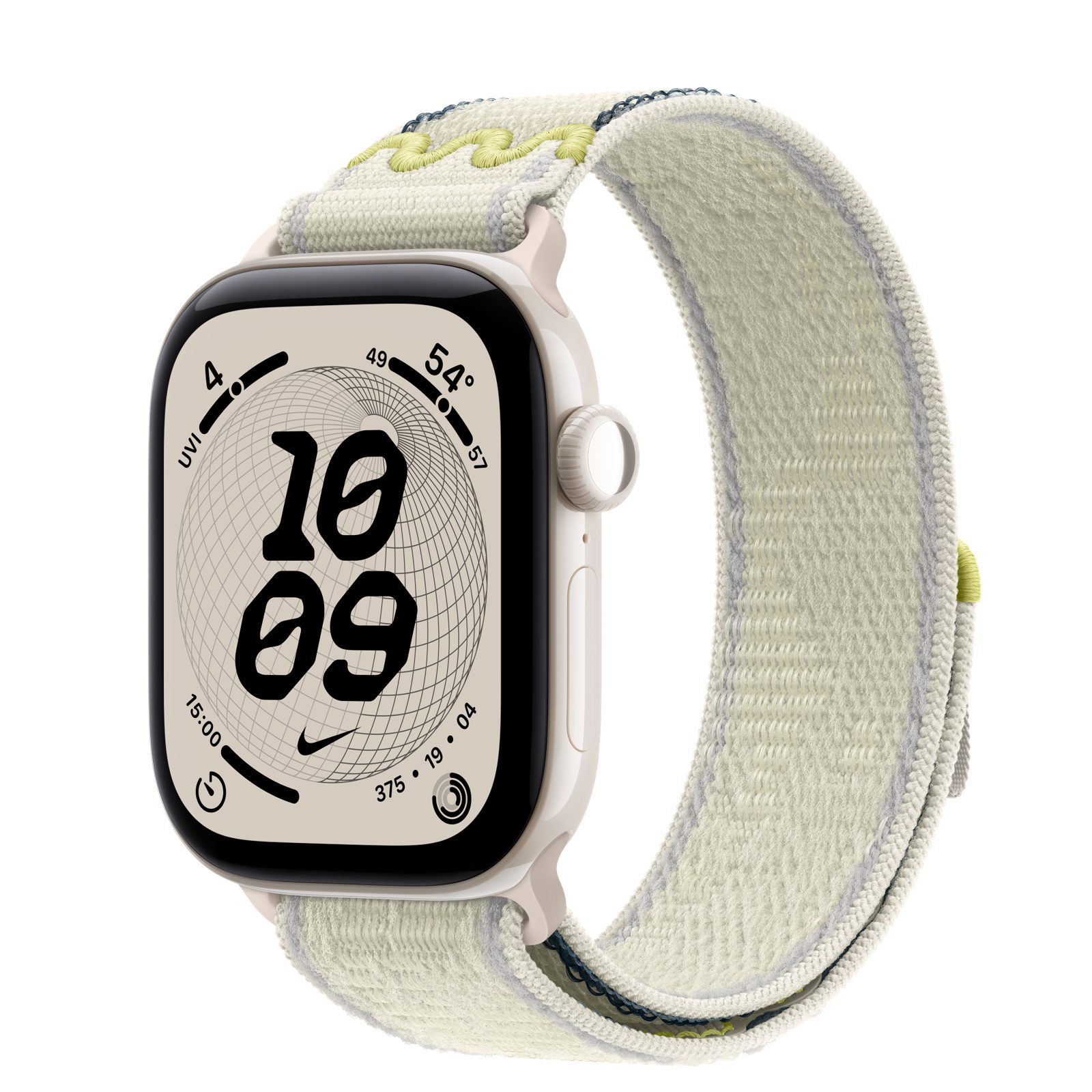 Apple Watch Series 12 (GPS + Cellular) • Keramikboett pärlvit, 42 mm • Nike-sportloop i Chalk Calm