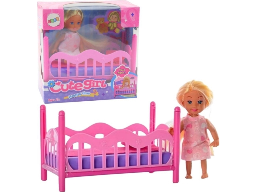LeanToys set med mini docka i pyjamas med säng rosa