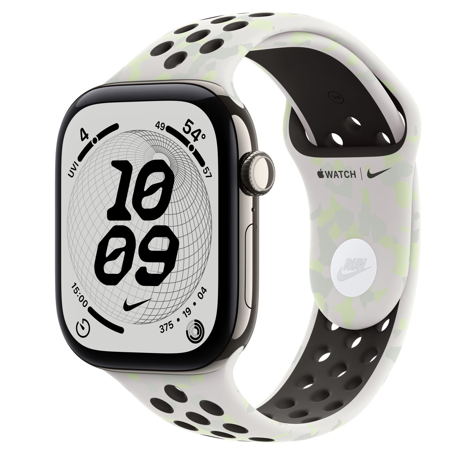 Apple Watch Series 12 (GPS + Cellular) • Titanboett naturlig, 46 mm • Nike-sportband i Essential White