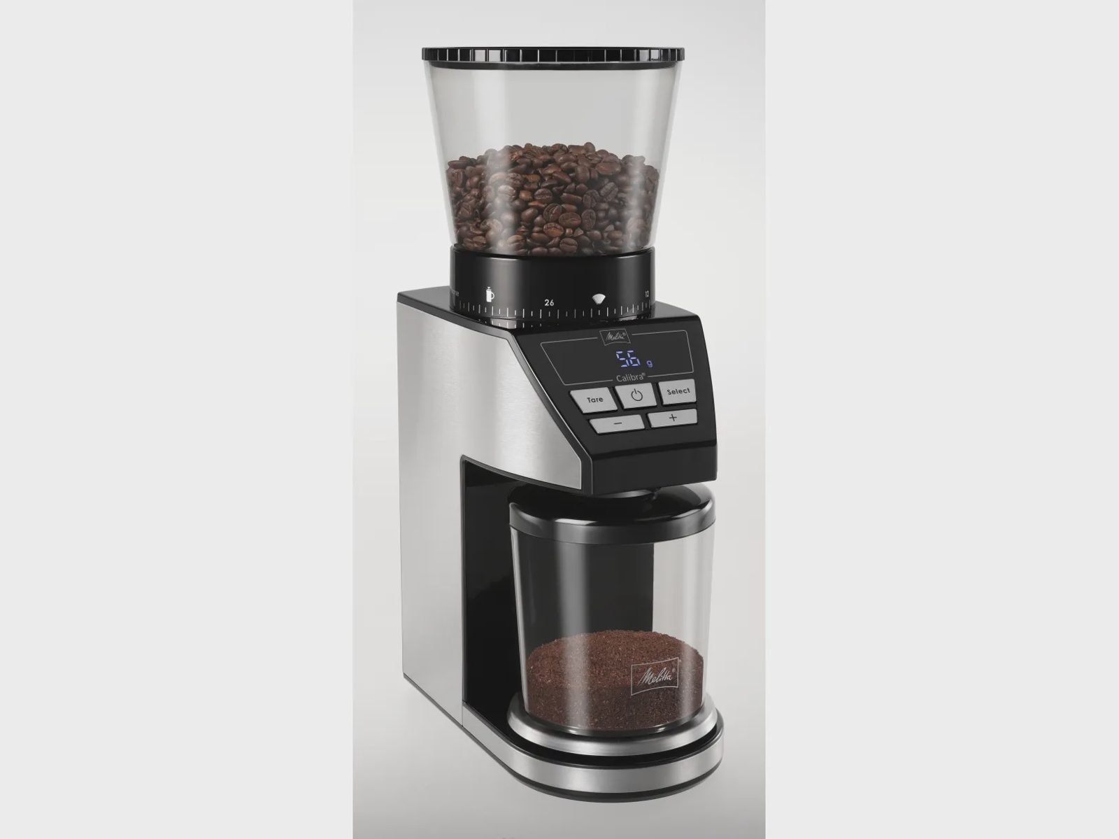 Melitta 1027-01, Kaffekvarn, 375 g, Konisk malning, LCD, Svart, Rostfritt stål, 160 W