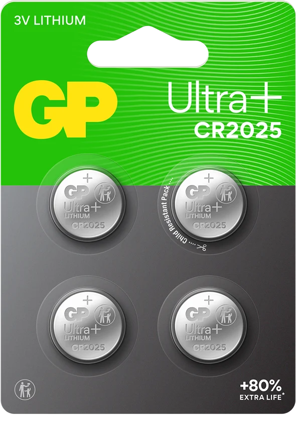 GP Ultra Plus Lithium Cell Battery CR2025, 3V (4-pack)