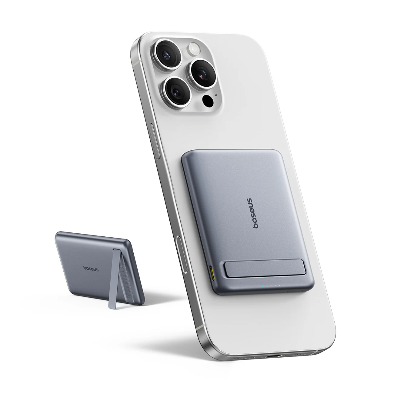 Baseus PicoGo AM31 Qi2 5000mAh 20W ultratunn MagSafe powerbank m/stativ + USB-C 20cm – grå, bild 2