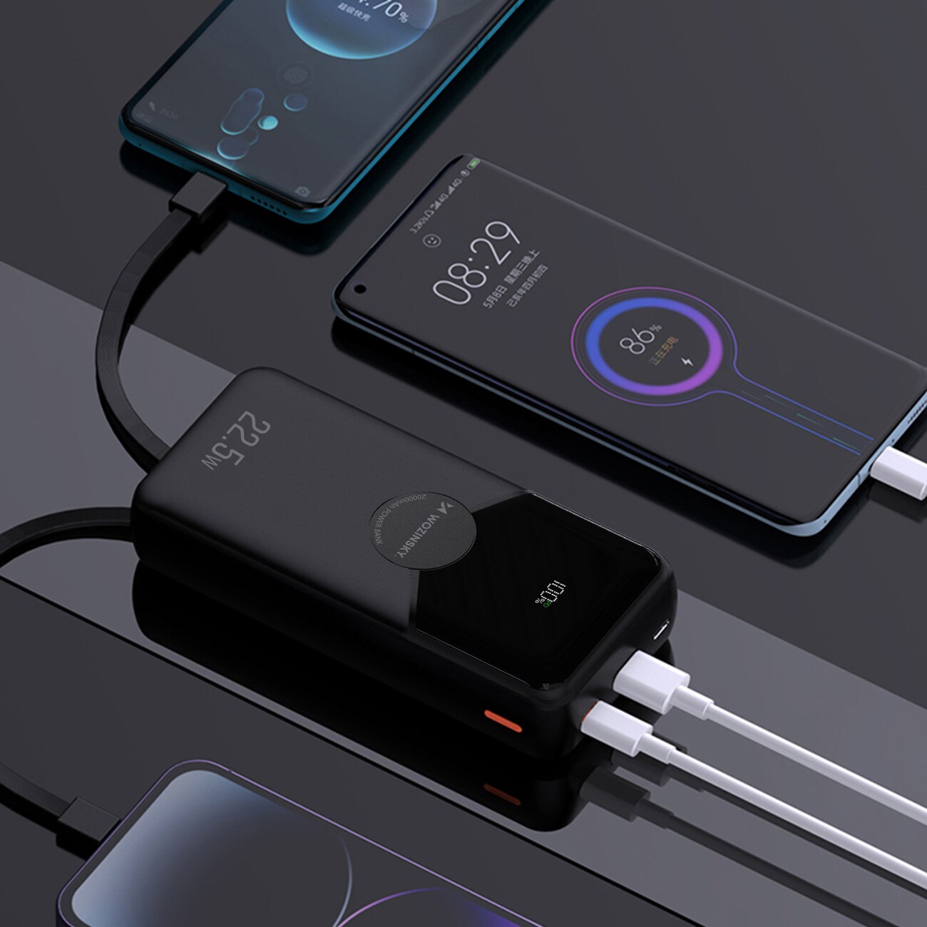 Wozinsky WFC-15B 20 000 mAh 22,5 W PD20W powerbank med inbyggda Lightning- och USB-C-kablar – svart, bild 5