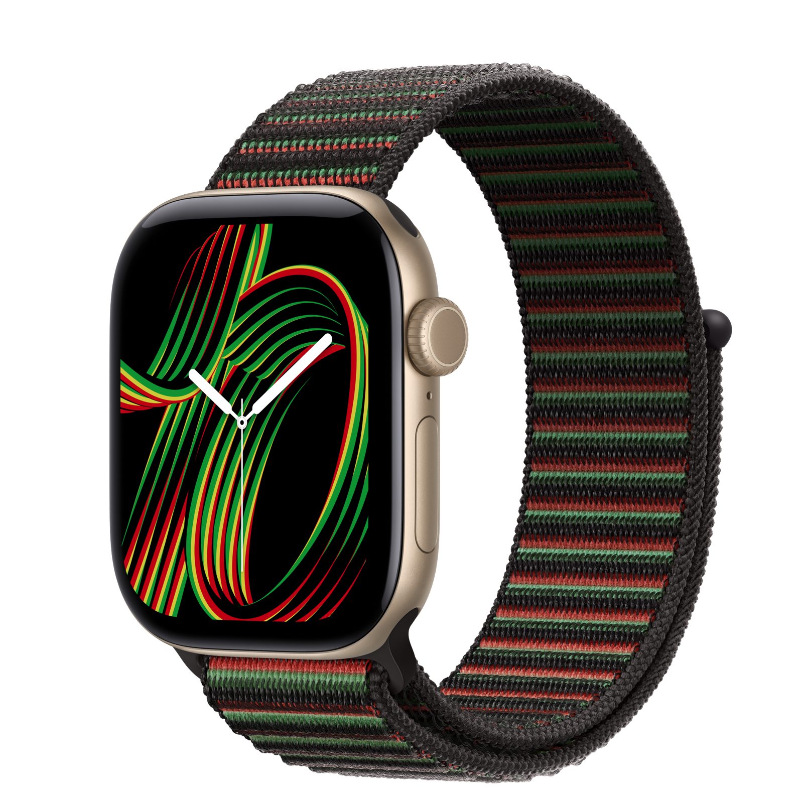 Apple Watch Series 12 (GPS + Cellular) • Aluminiumboett ljust guld, 42 mm • Sportloop Black Unity – Unity Rhythm