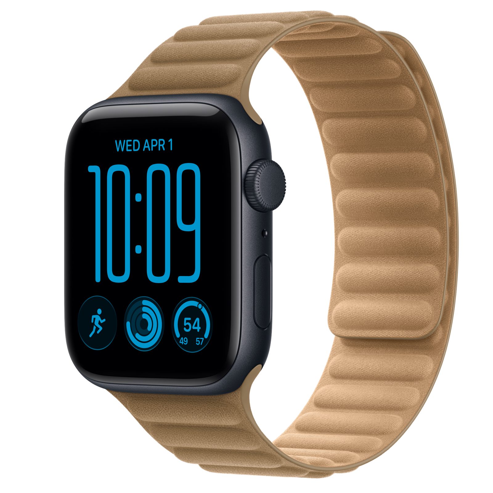 Apple Watch SE 3 (GPS) • Aluminiumboett midnatt, 44 mm • Magnetlänk kamelbrun