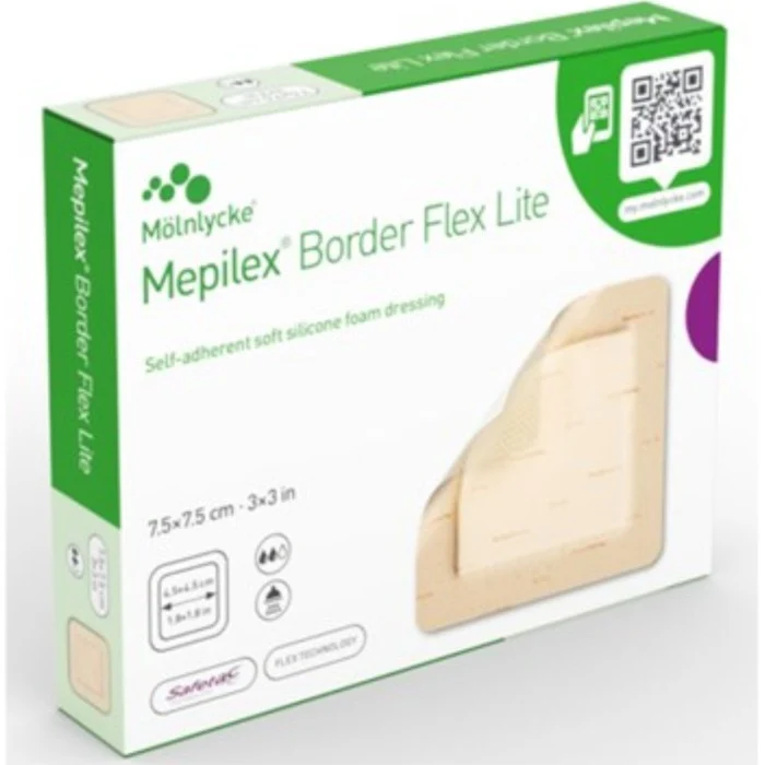 Mepilex Border Flex Lite 7,5x7,5cm, allt-i-ettförband, fyra lager, flexteknolog, 5 styck