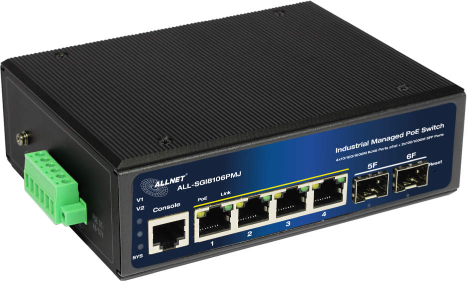 ALLNET ALL-SGI8106PMJ-BT, 4xPoE GbE, 2xSFP, fläktlös, DIN-skena, 360W PoE, Smart Layer2+, bild 3