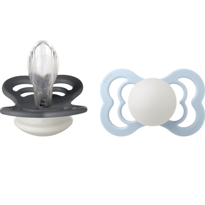 BIBS Pacifier Supreme 2-pack Silicone Size 2 Iron Glow/Baby Blue Glow