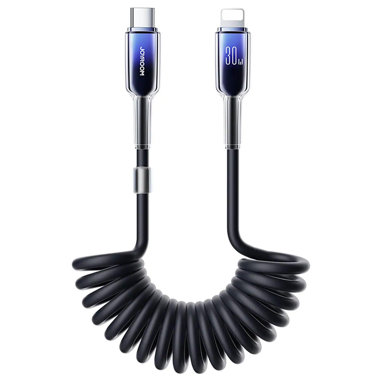 Joyroom S-A43 Crystal-Clear Series 30W USB-C - Lightning spiralkabel 1,5m - svart