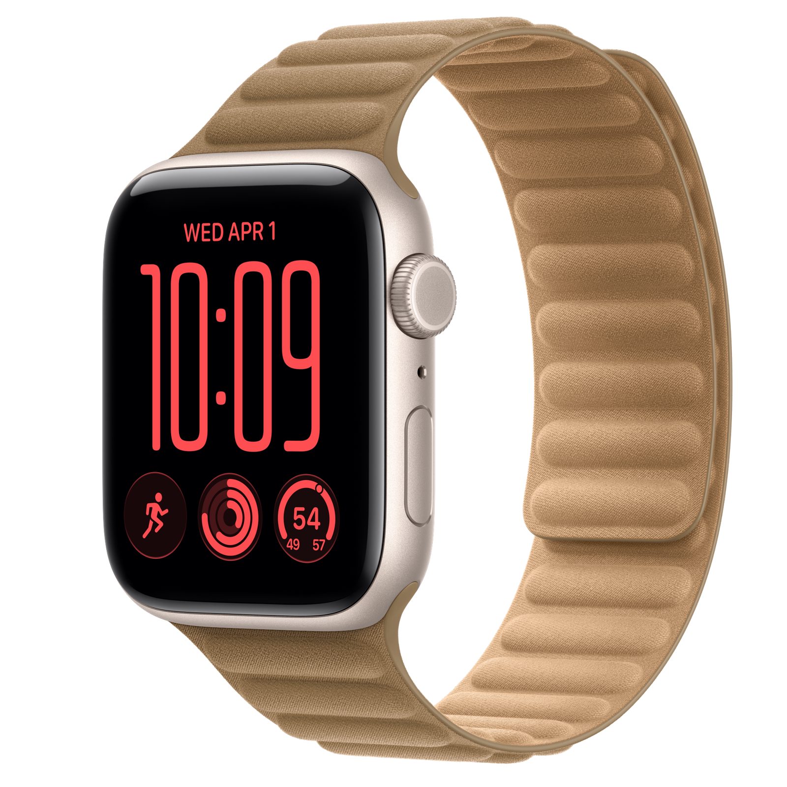 Apple Watch SE 3 (GPS + Cellular) • Aluminiumboett stjärnglans, 44 mm • Magnetlänk kamelbrun