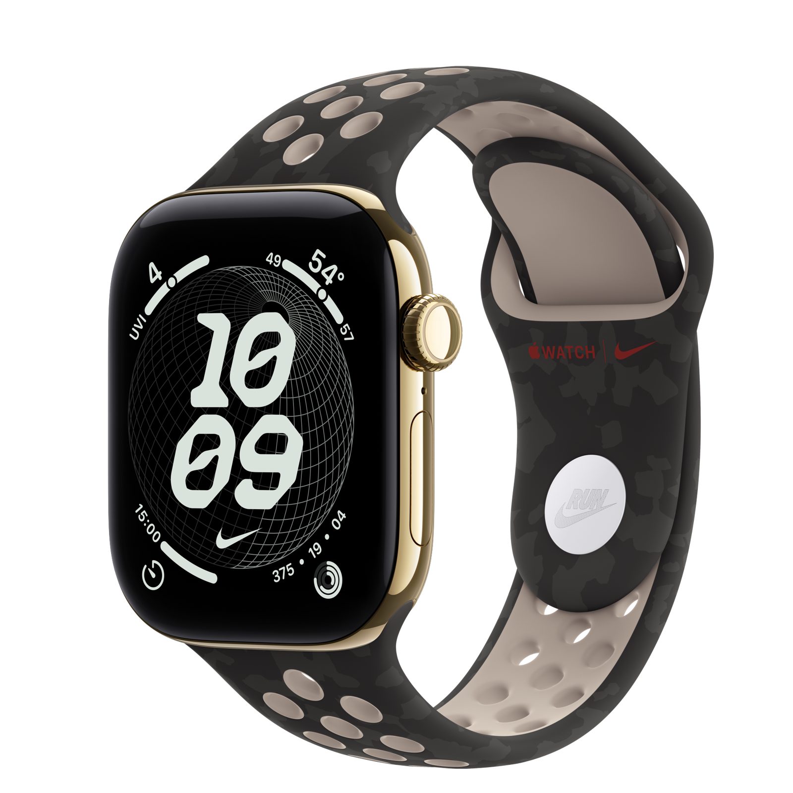 Apple Watch Series 12 (GPS + Cellular) • Titanboett skinande guld, 42 mm • Nike-sportband i After Dark Black