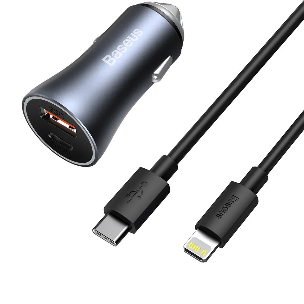 Baseus Billaddare USB-C 40W PD + Lightningkabel – Grå