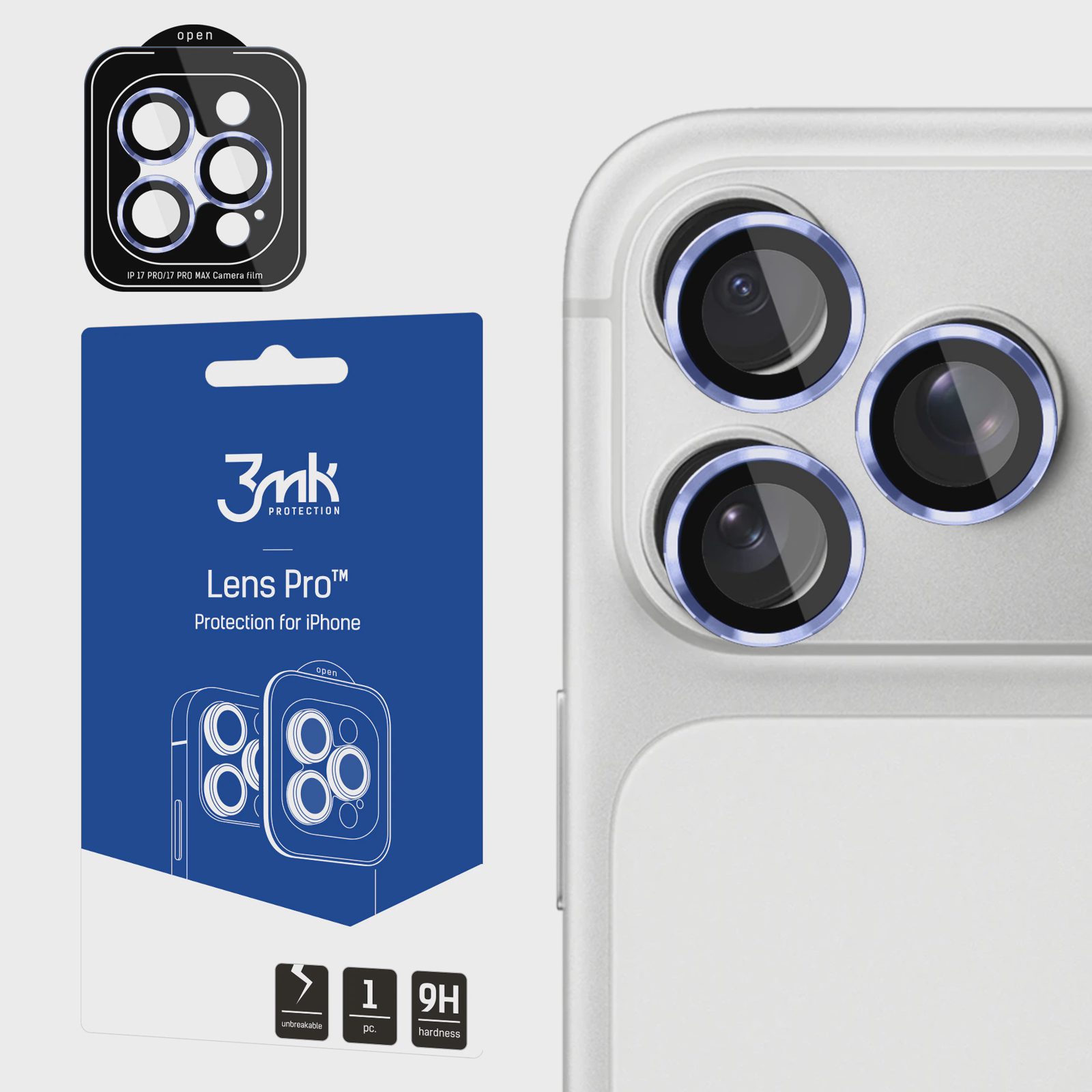 3mk Lens Protection Pro – härdat glas i svart för iPhone 18 Pro / 18 Pro Max – ljusblått