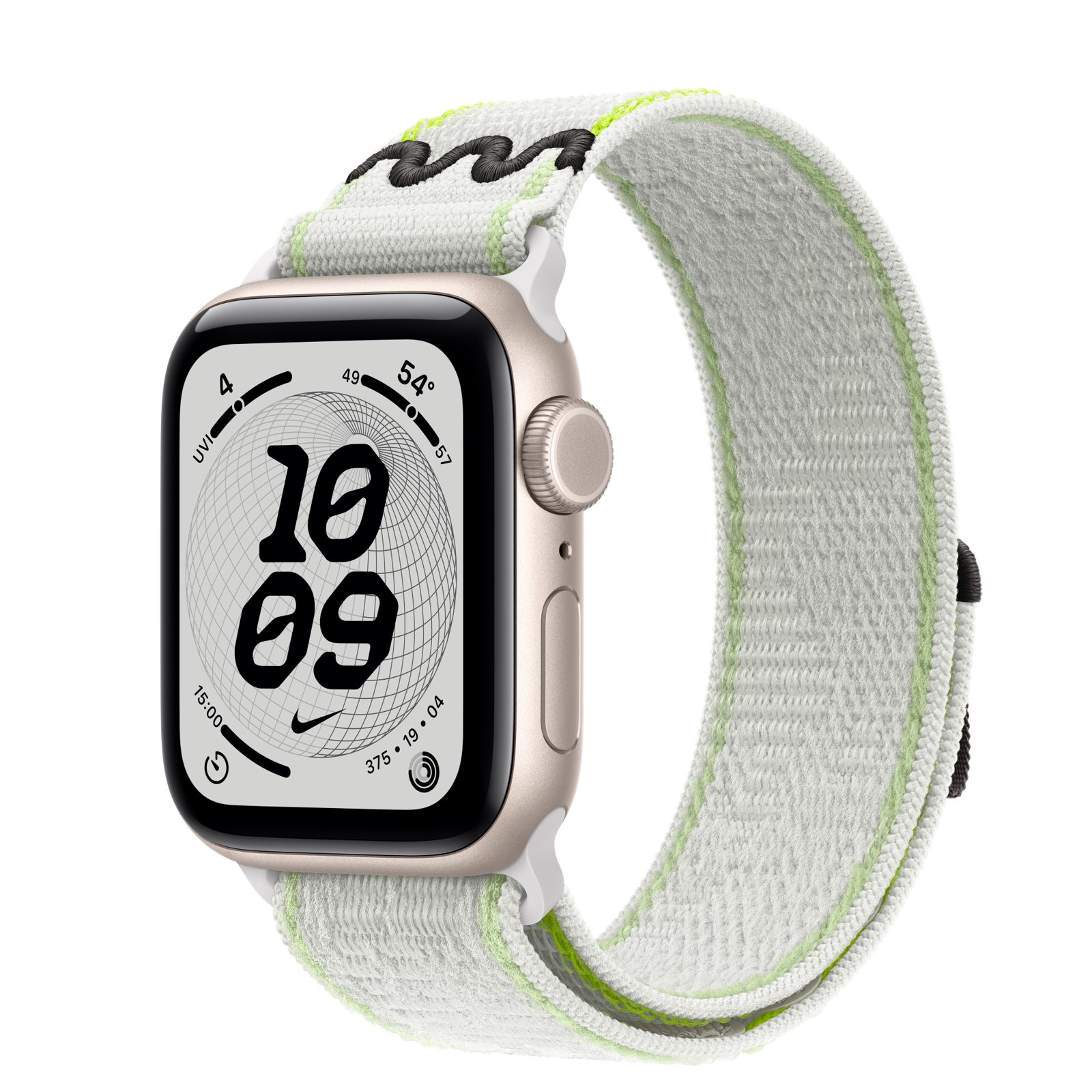 Apple Watch SE 3 (GPS + Cellular) • Aluminiumboett stjärnglans, 40 mm • Nike-sportloop i Essential White
