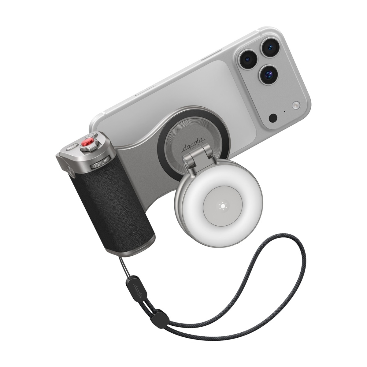 Dacota Platinum magnetiskt kameragrepp med LED-lampa och powerbank-funktioner, silver/svart