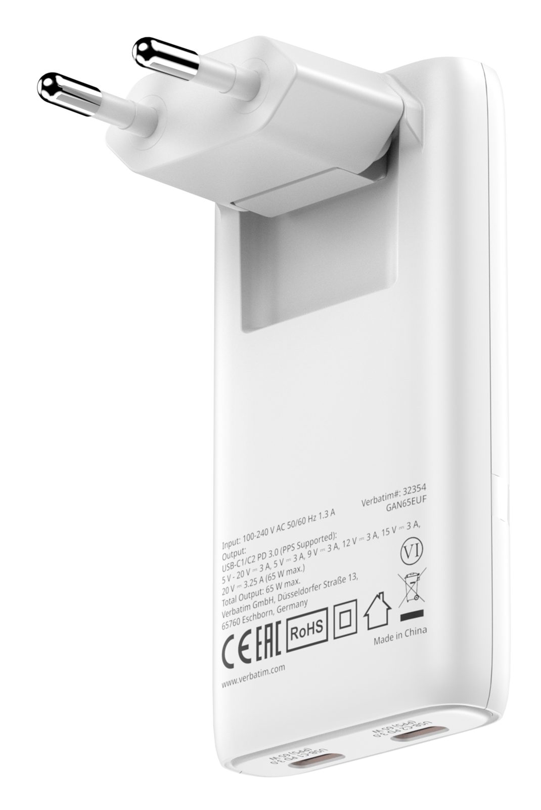 Väggladdare Verbatim Fold 'n' Go GaN Charger 65W, 2xUSB-C - Vit, bild 4