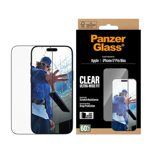 PanzerGlass iPhone 17 Pro Max skärmskydd Ultra-Wide Fit med applikator, svart