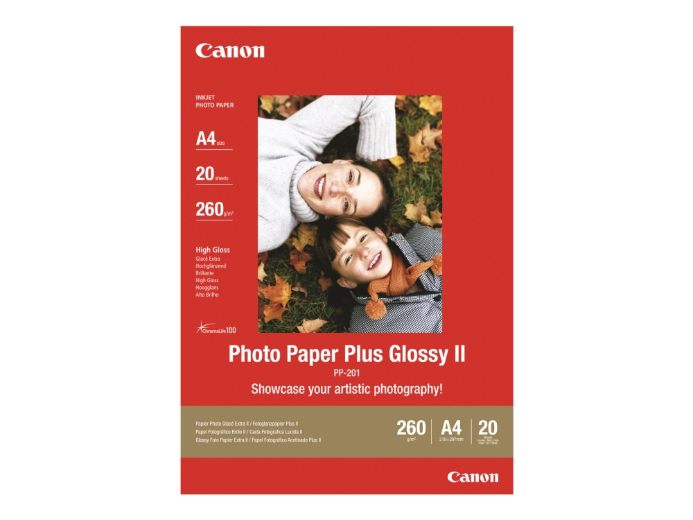 Canon Photo Paper Plus Glossy II PP-201 - Högblank - 270 mikrometer - 102 x 152 mm - 265 g/m² - 100 ark fotopapper - för MAXIFY GX6040, GX6050, GX7040, GX7050 PIXMA G540, G550, G640, G650, TS3450, TS3451