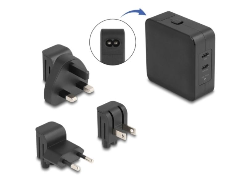 Delock USB GaN-laddare 2 x USB Type-C PD 3.0 med 65 W inklusive strömadapter för EU/USA/UK