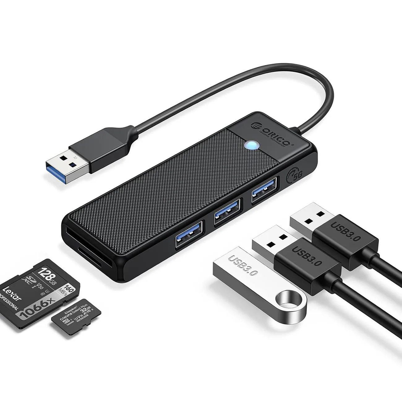 Orico PAPW3AT-U3 USB-hubb med 4 portar (3x USB-A 3.0) och microSD-/SD-kortläsare, 1 m – svart