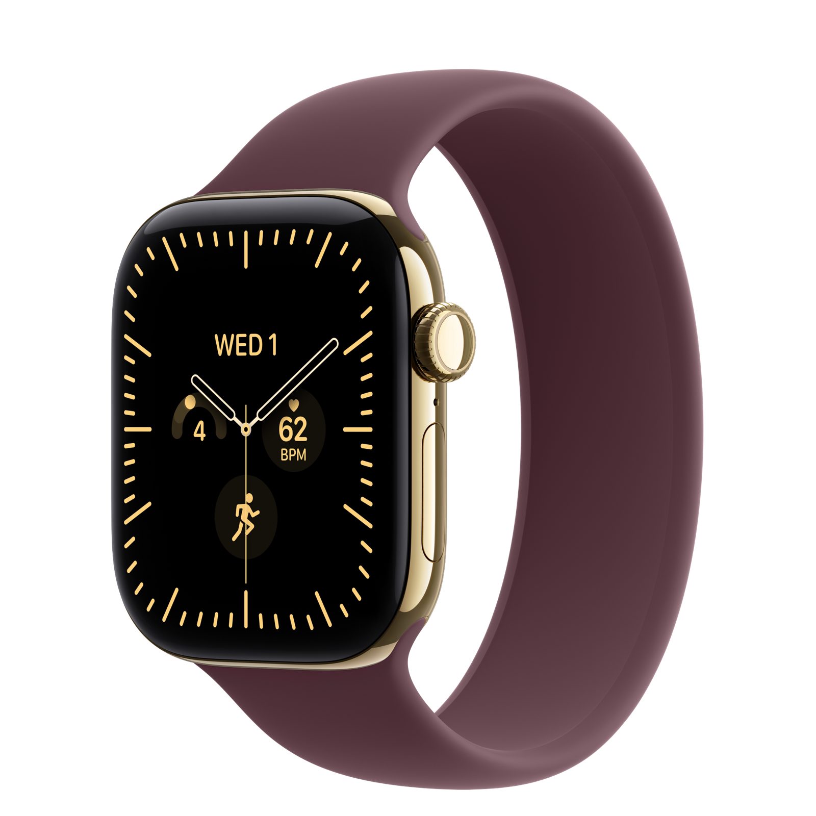 Apple Watch Series 12 (GPS + Cellular) • Titanboett skinande guld, 42 mm • Sololoop bourgogne