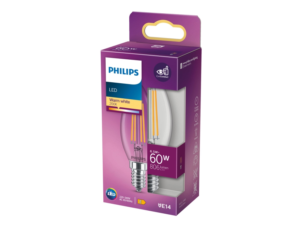 Philips LED - LED-glödlampa - form: ljus - E14 - 6.5 W (motsvarande 60 W) - klass E - varmt vitt ljus - 2700 K - klar