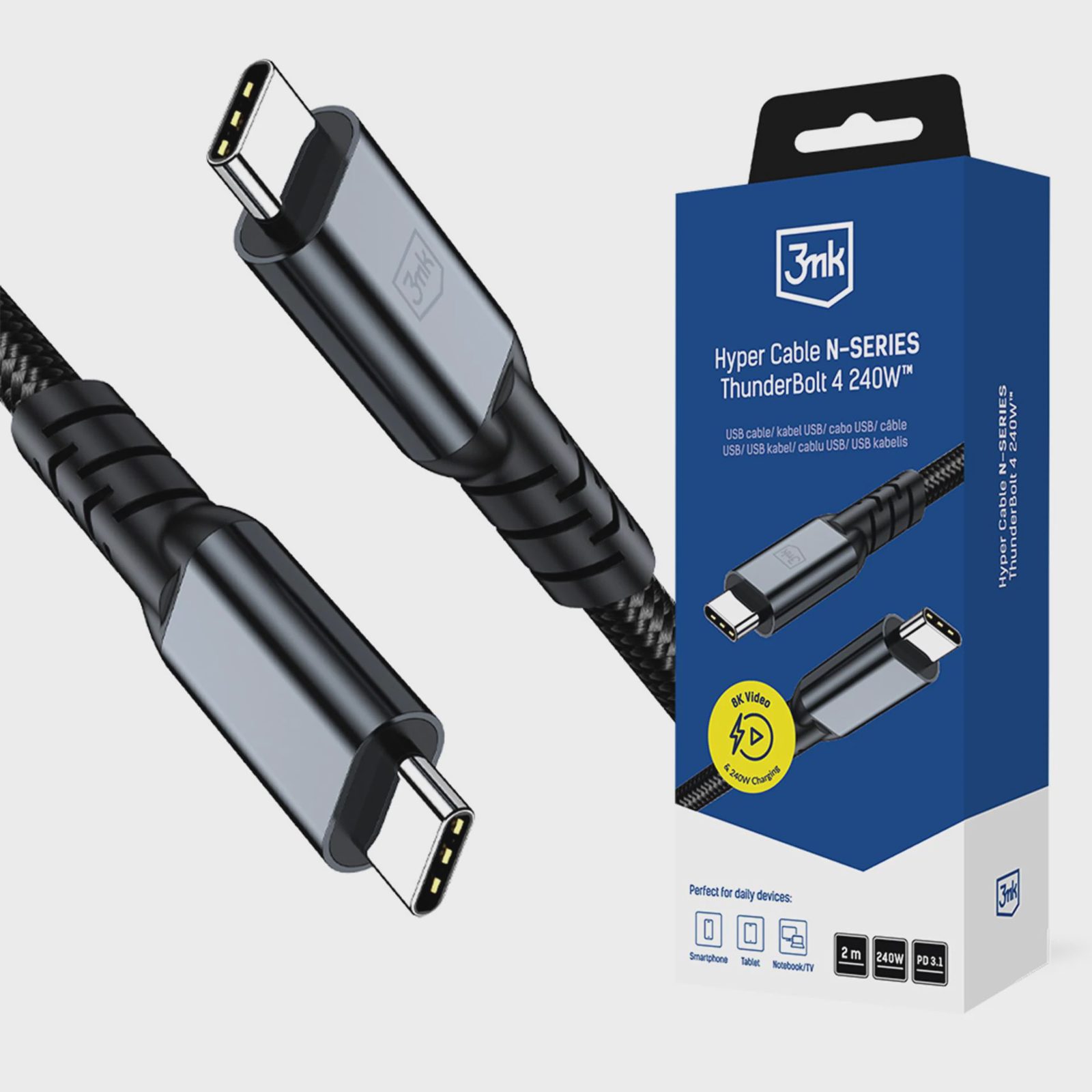 Hurtel Hyper Cable N-Series USB-C / USB-C Thunderbolt 4 2m 240W 40Gb/s 8K60Hz - Svart