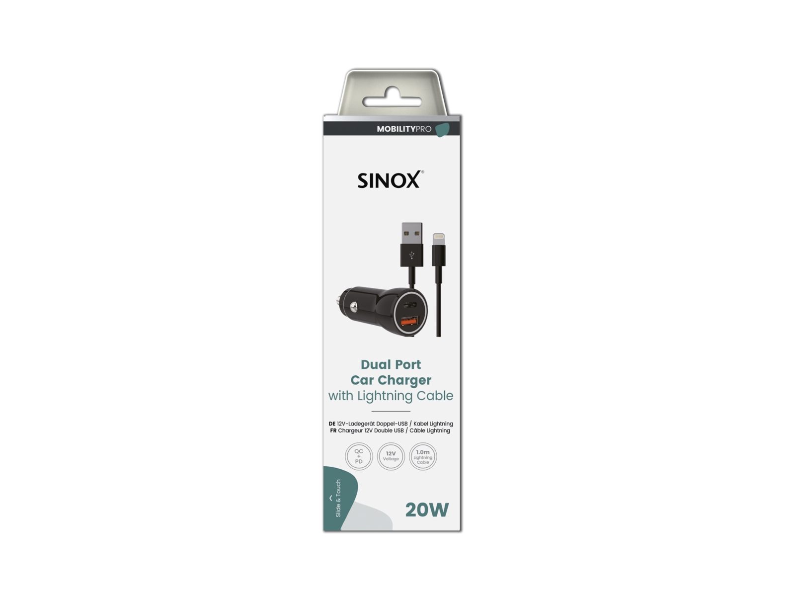 Sinox 12V dubbel USB-billaddare 18W + 20W + 1m Lightning-kabel, svart