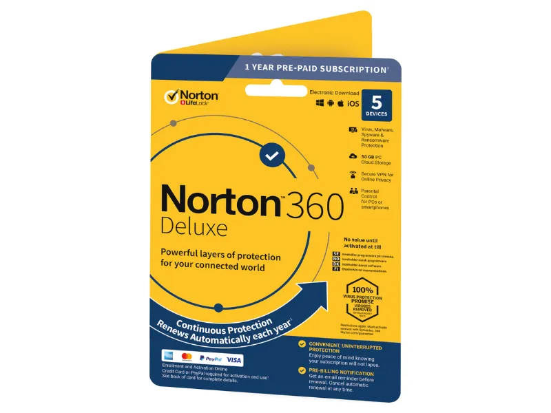 Norton 360 Deluxe säkerhetsprogram 5 enheter 50 GB molnlagring 1 år