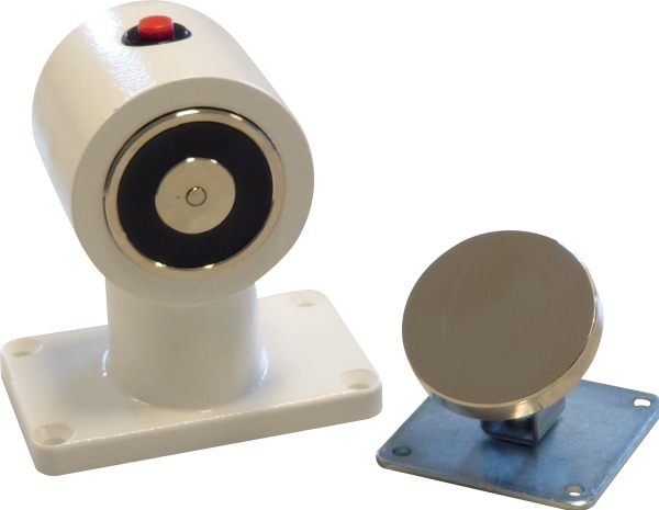 Dörrhållarmagnet, hållfasthet 55kg, magnet Ø50mm, 24Vdc, 60mA, golvmontering, med triggertryck, vit, inkl. ankare.