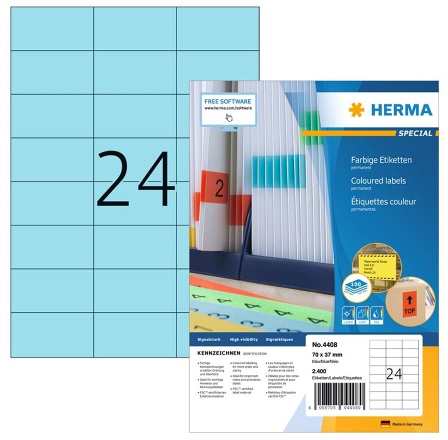 HERMA Special - Papper - matt - permanent självhäftande - blå - 70 x 37 mm 2400 etikett (er) (100 ark x 24) etiketter, bild 2